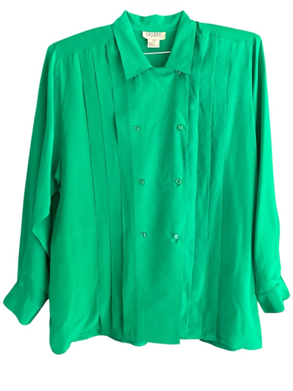 Vintage Selene Paris Green Silk Pleated Long Sleeve Shirt Top Blouse size S